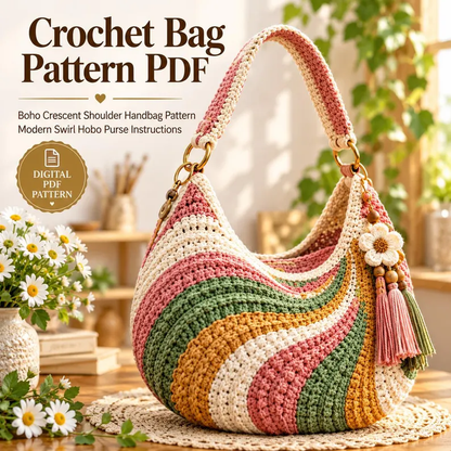 Boho Crescent Crochet Bag Pattern PDF | Colorful Swirl Shoulder Purse
