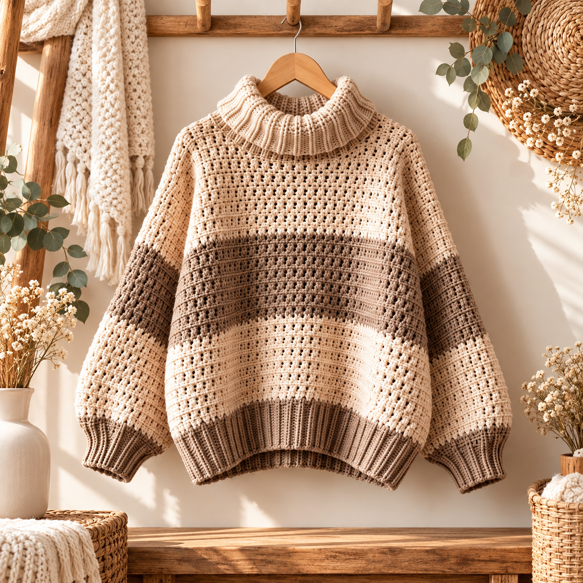 Striped Turtleneck Crochet Sweater Pattern PDF | Sizes XS–5XL