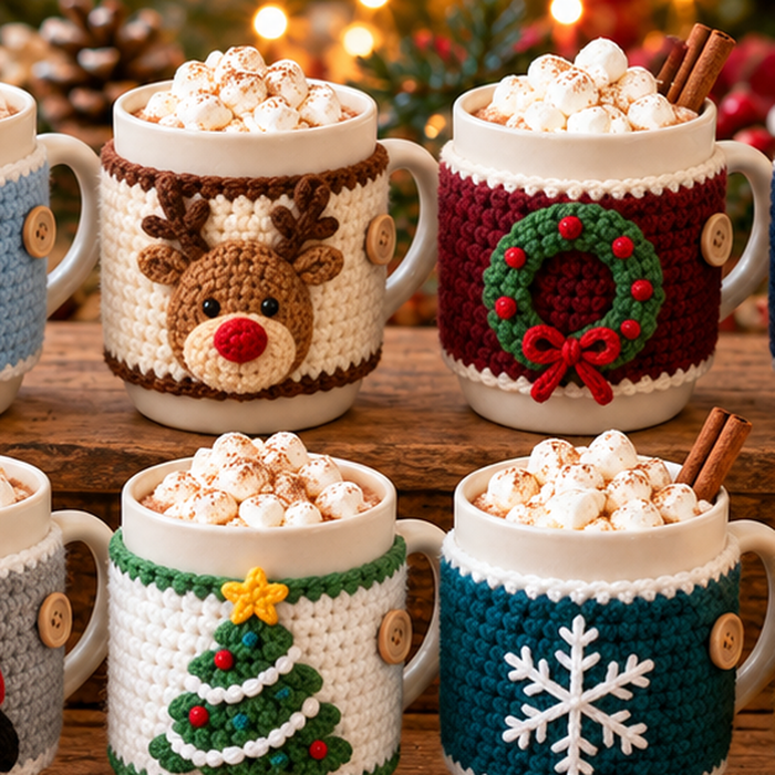 Christmas Mug Cozy Crochet Pattern Bundle PDF | 10 Holiday Designs