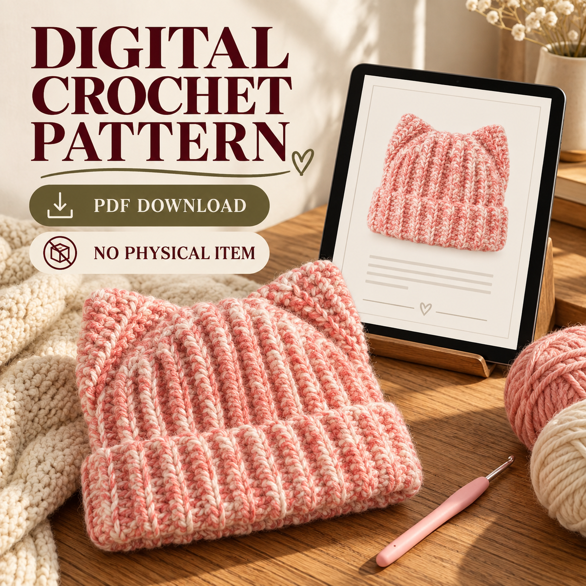 Cat Ear Crochet Hat Pattern PDF, Easy Plush Ribbed Beanie for Adults