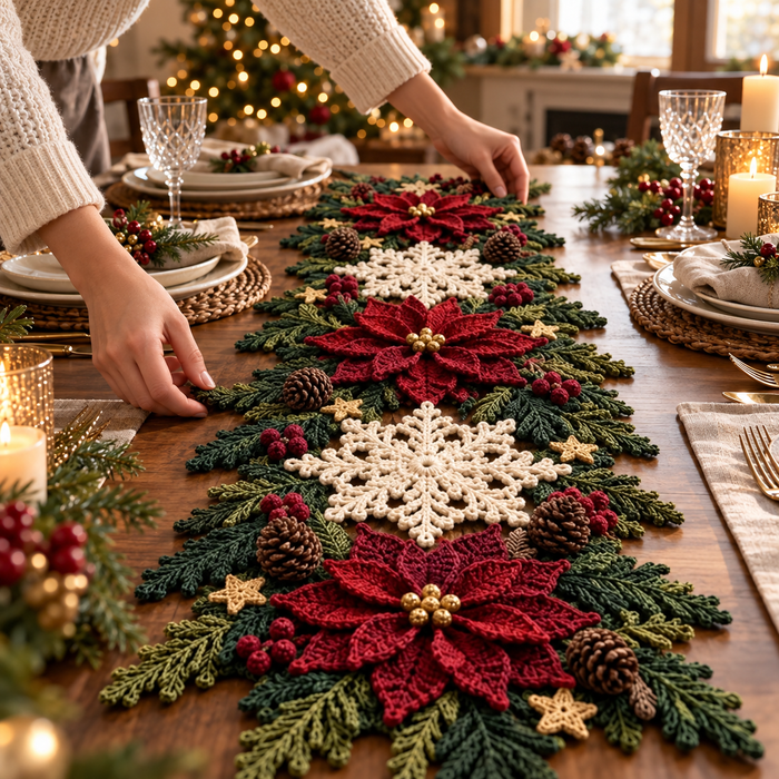 Christmas Crochet Table Runner Pattern PDF, Poinsettia Snowflake Holiday Centerpiece