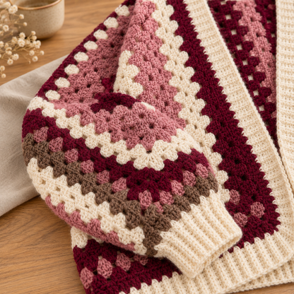 Granny Hexagon Crochet Cardigan Pattern – Oversized Colour Block Sweater PDF, XS–5XL