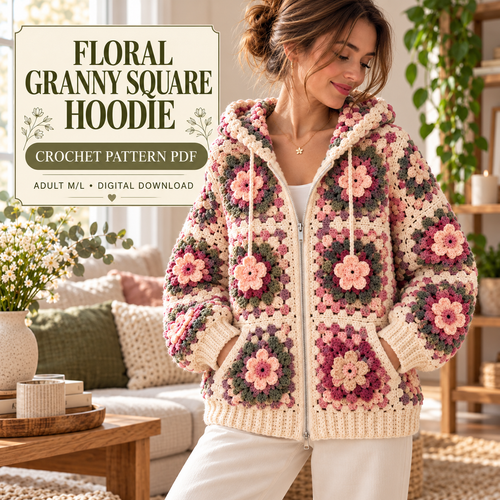 Crochet Flower Hoodie Pattern PDF, Granny Square Zip Up Jacket, Oversized Adult M/L