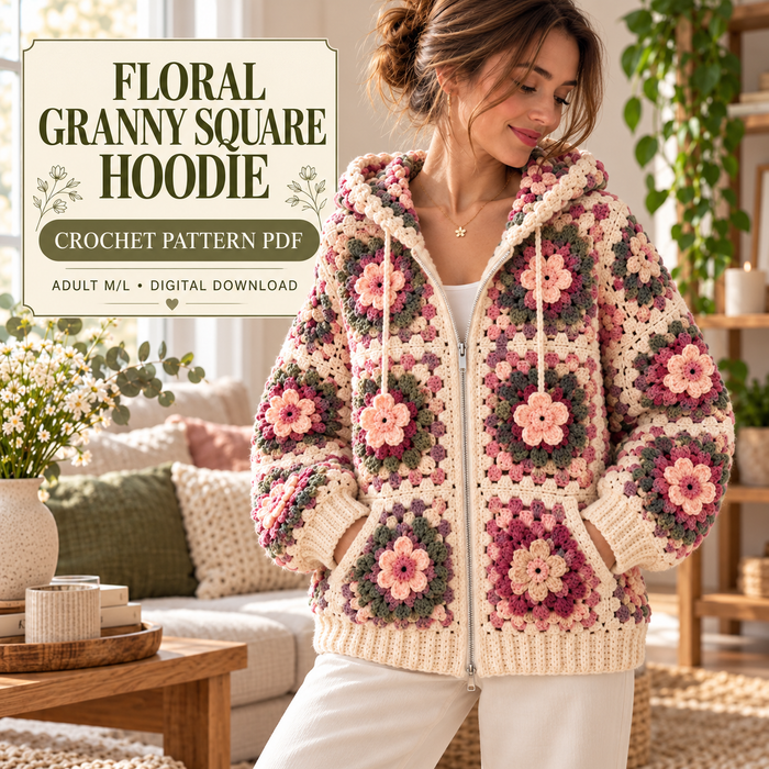 Crochet Flower Hoodie Pattern PDF, Granny Square Zip Up Jacket, Oversized Adult M/L