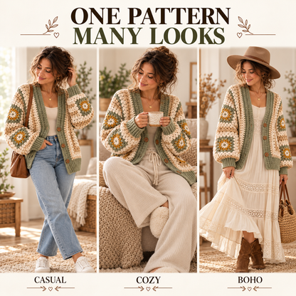 Beginner Granny Square Cardigan Crochet Pattern – Oversized Sweater PDF, XS–5XL