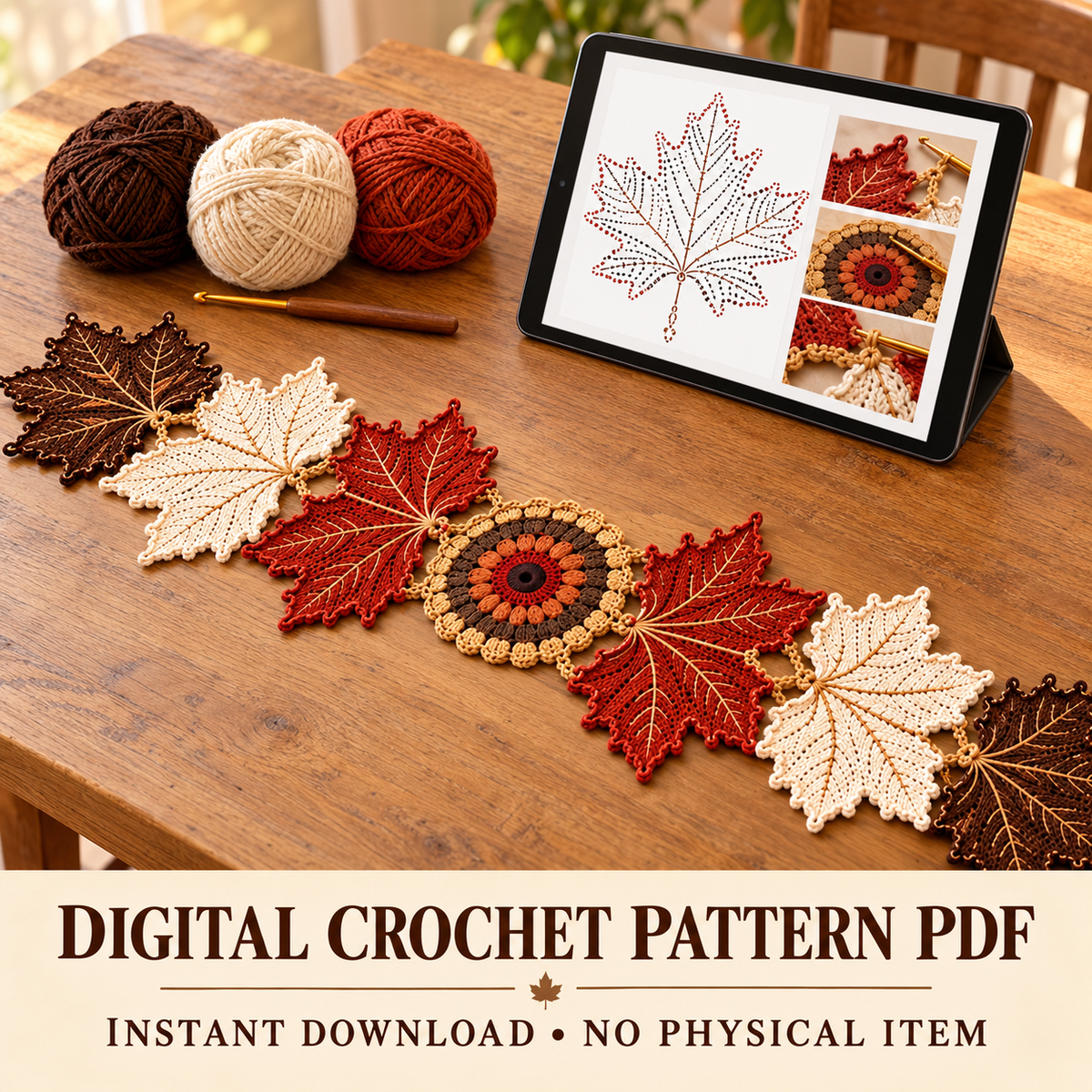 Crochet Maple Leaf Table Runner Pattern | Autumn Fall Home Decor PDF