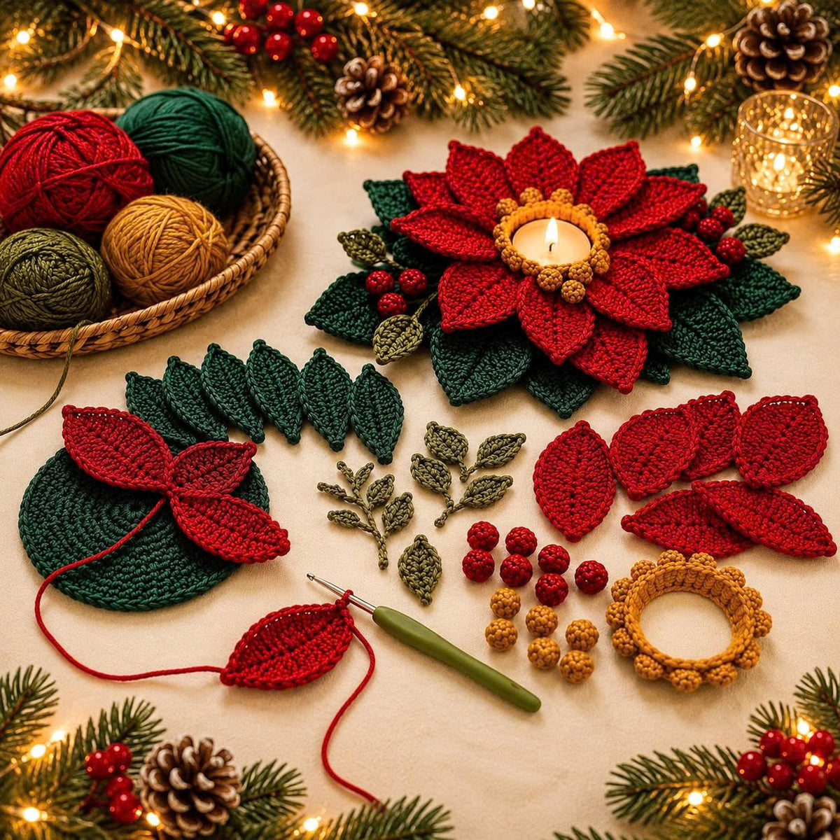 Poinsettia Tealight Holder Crochet Pattern PDF | Christmas Flower Decor