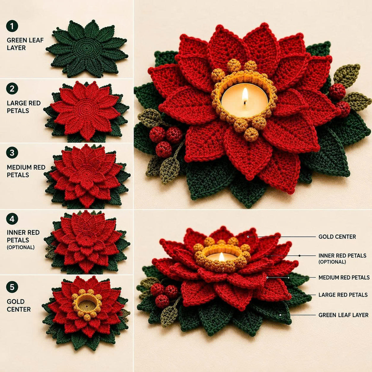 Poinsettia Tealight Holder Crochet Pattern PDF | Christmas Flower Decor