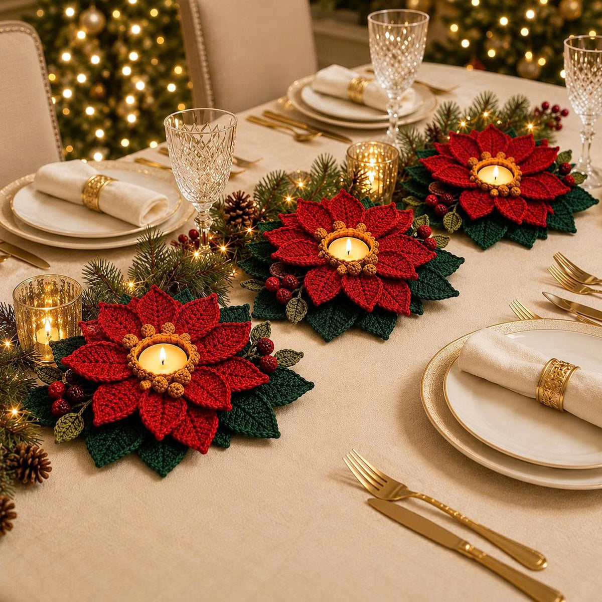 Poinsettia Tealight Holder Crochet Pattern PDF | Christmas Flower Decor