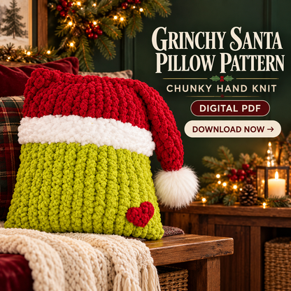 Chunky Hand Knit Grinch Pillow Pattern PDF – Christmas Santa Decor
