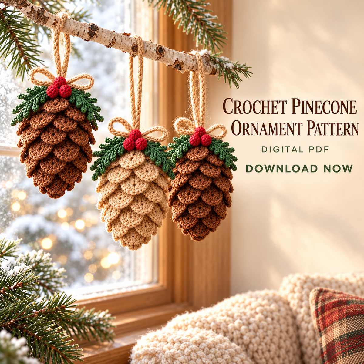 Christmas Pine Cone Crochet Pattern PDF, Rustic Tree Ornament & Holiday Decor