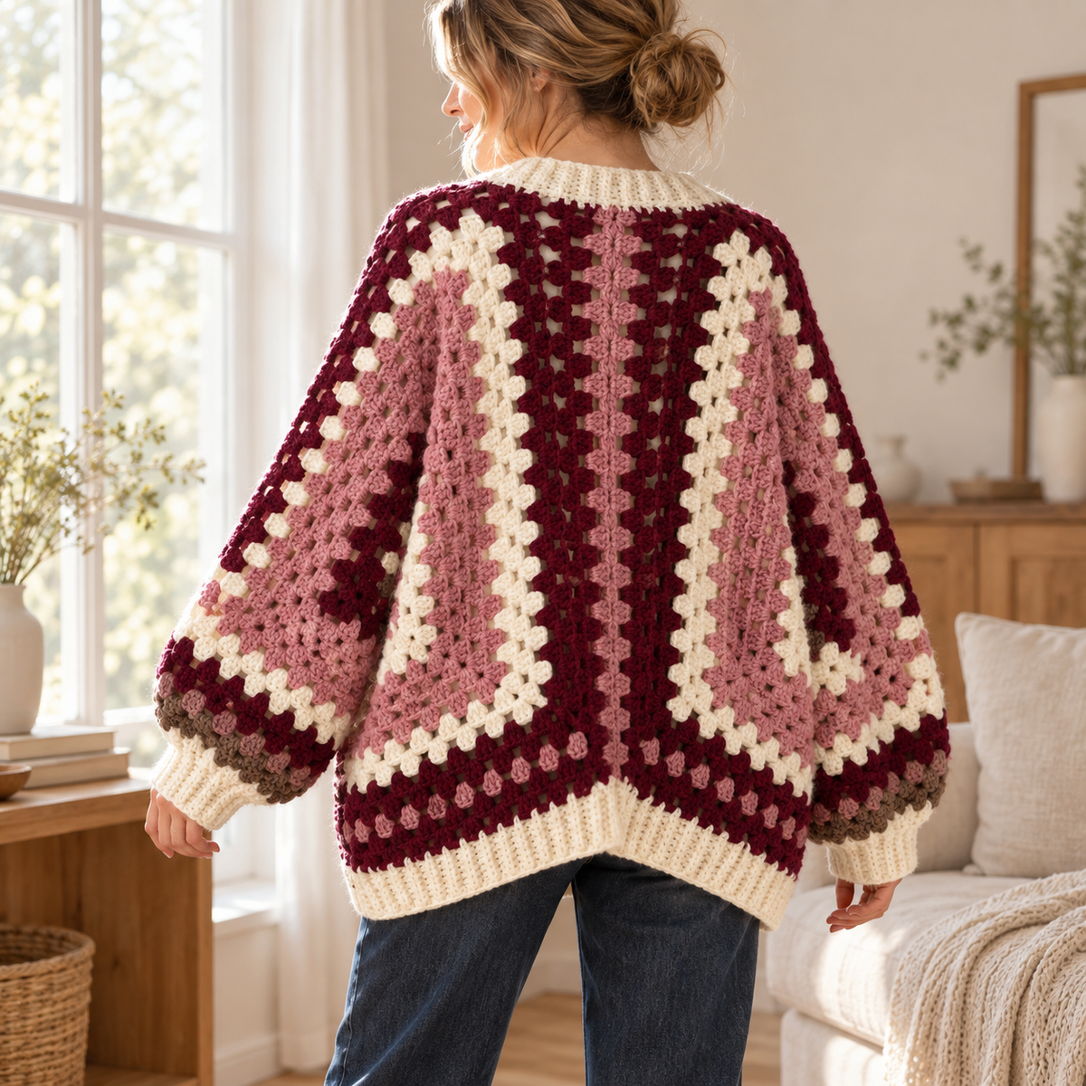 Granny Hexagon Crochet Cardigan Pattern – Oversized Colour Block Sweater PDF, XS–5XL
