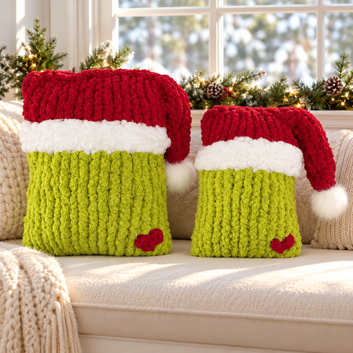 Chunky Hand Knit Grinch Pillow Pattern PDF – Christmas Santa Decor