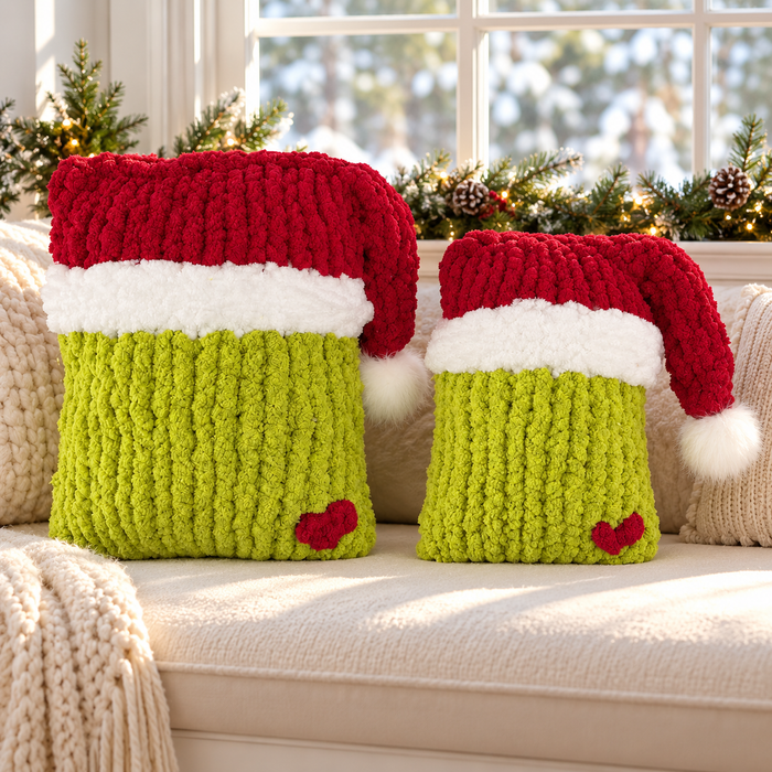 Chunky Hand Knit Grinch Pillow Pattern PDF – Christmas Santa Decor