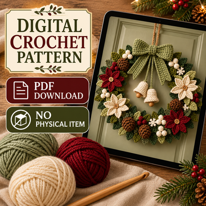 Christmas Door Wreath Crochet Pattern PDF, Poinsettia Pinecone & Snowflake Decor
