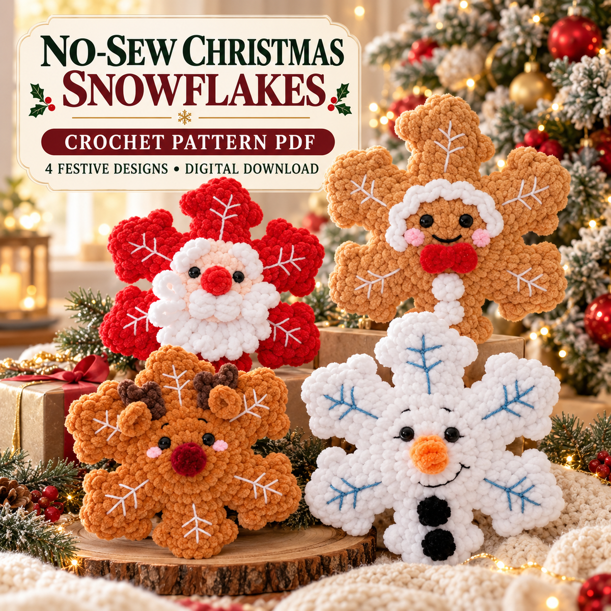 Christmas Snowflake Amigurumi Crochet Pattern, No Sew Santa Gingerbread Reindeer Snowman PDF