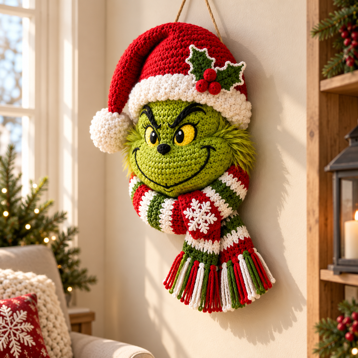 Christmas Grinch Door Hanger Crochet Pattern PDF – Holiday Wreath Decor