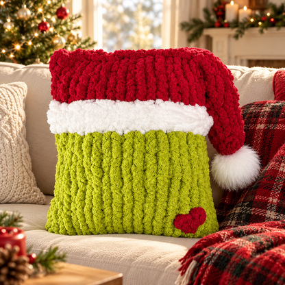Chunky Hand Knit Grinch Pillow Pattern PDF – Christmas Santa Decor