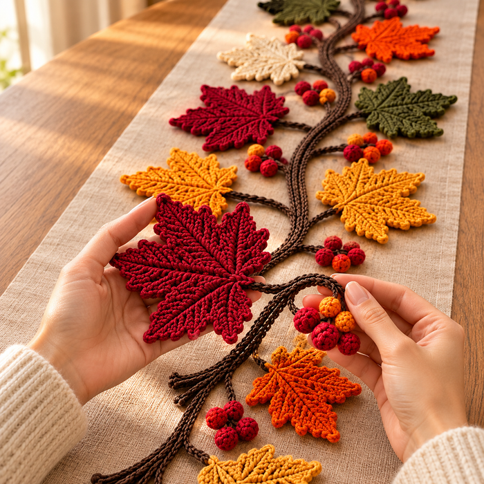 Maple Leaf Garland Crochet Pattern PDF, Fall Table Runner with Berries, Thanksgiving Decor