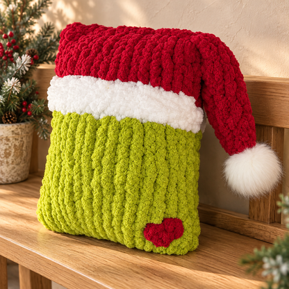 Chunky Hand Knit Grinch Pillow Pattern PDF – Christmas Santa Decor