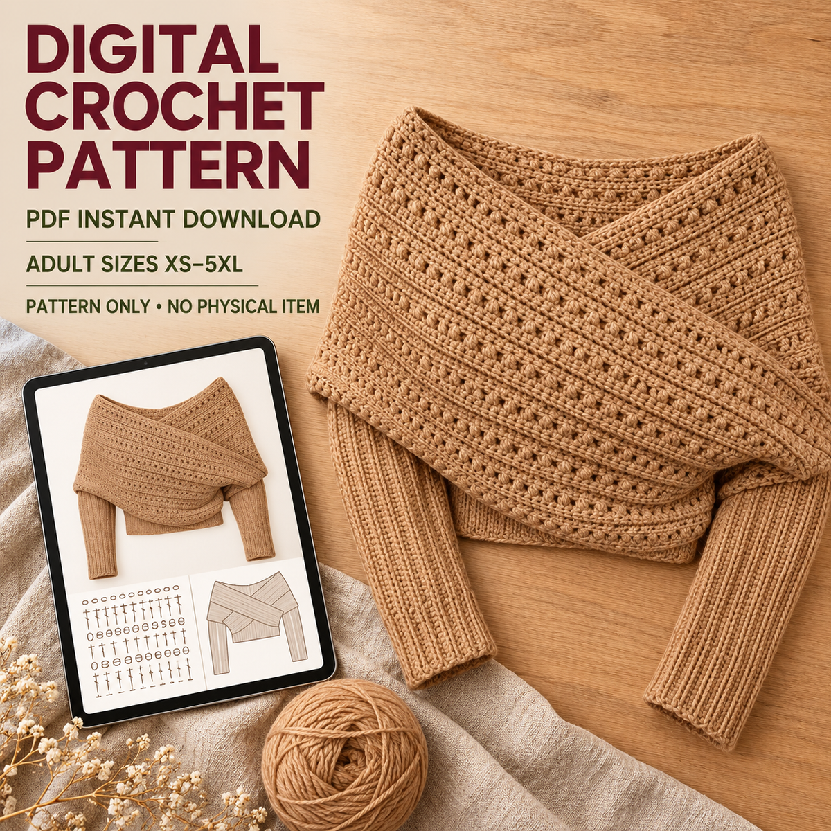 Sleeved Crochet Wrap Pattern PDF, Oversized Scarf Sweater, Women XS–5XL