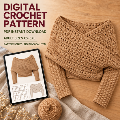 Sleeved Crochet Wrap Pattern PDF, Oversized Scarf Sweater, Women XS–5XL
