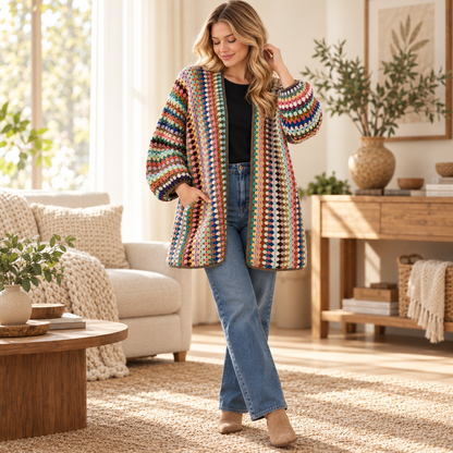 Granny Stitch Cardigan Crochet Pattern – Long Striped Sweater PDF, S–3XL
