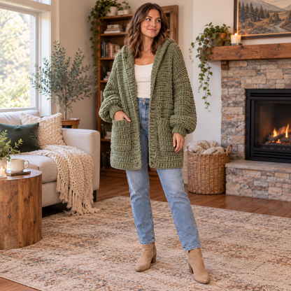 Oversized Hooded Crochet Cardigan Pattern | Chunky Pocket Sweater PDF