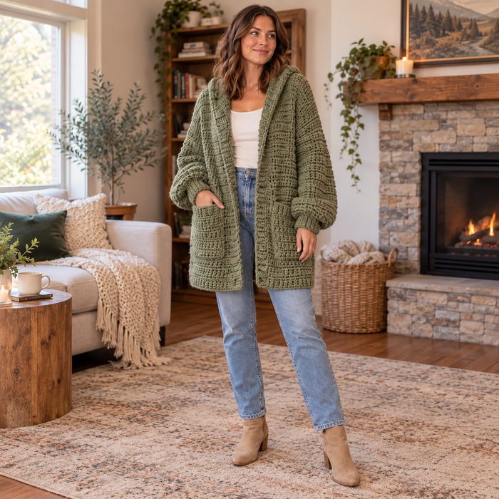 Oversized Hooded Crochet Cardigan Pattern | Chunky Pocket Sweater PDF