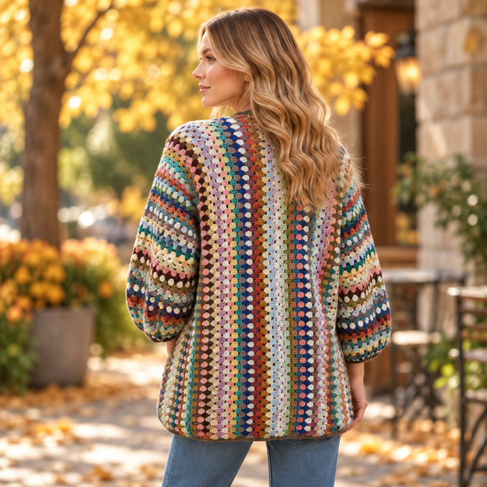 Granny Stitch Cardigan Crochet Pattern – Long Striped Sweater PDF, S–3XL