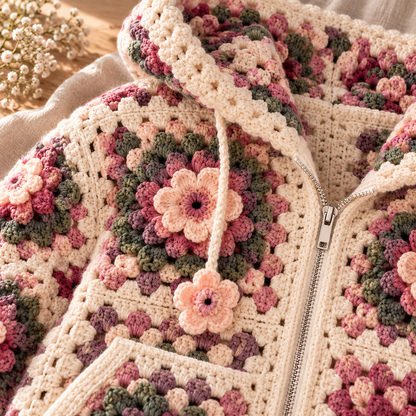 Crochet Flower Hoodie Pattern PDF, Granny Square Zip Up Jacket, Oversized Adult M/L