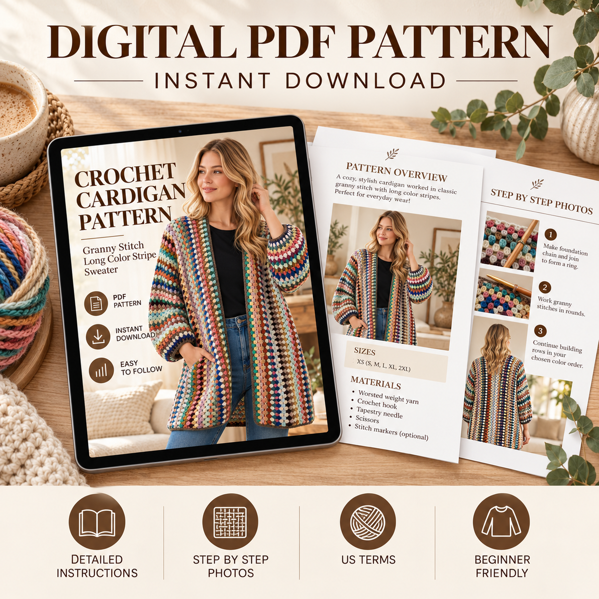 Granny Stitch Cardigan Crochet Pattern – Long Striped Sweater PDF, S–3XL