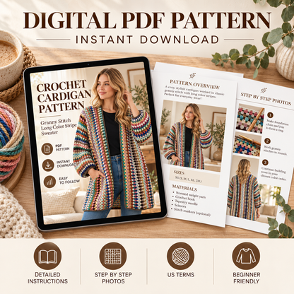 Granny Stitch Cardigan Crochet Pattern – Long Striped Sweater PDF, S–3XL