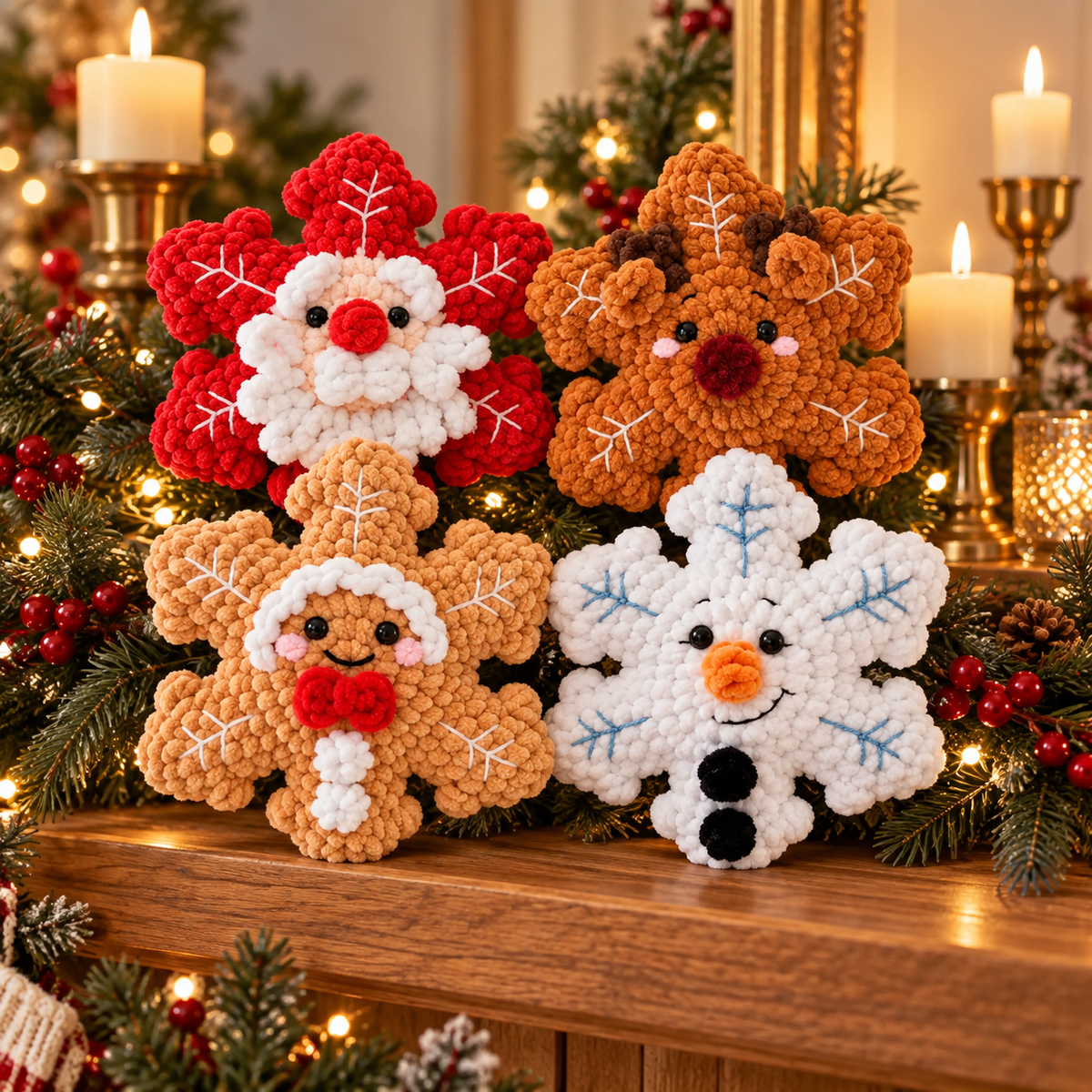 Christmas Snowflake Amigurumi Crochet Pattern, No Sew Santa Gingerbread Reindeer Snowman PDF