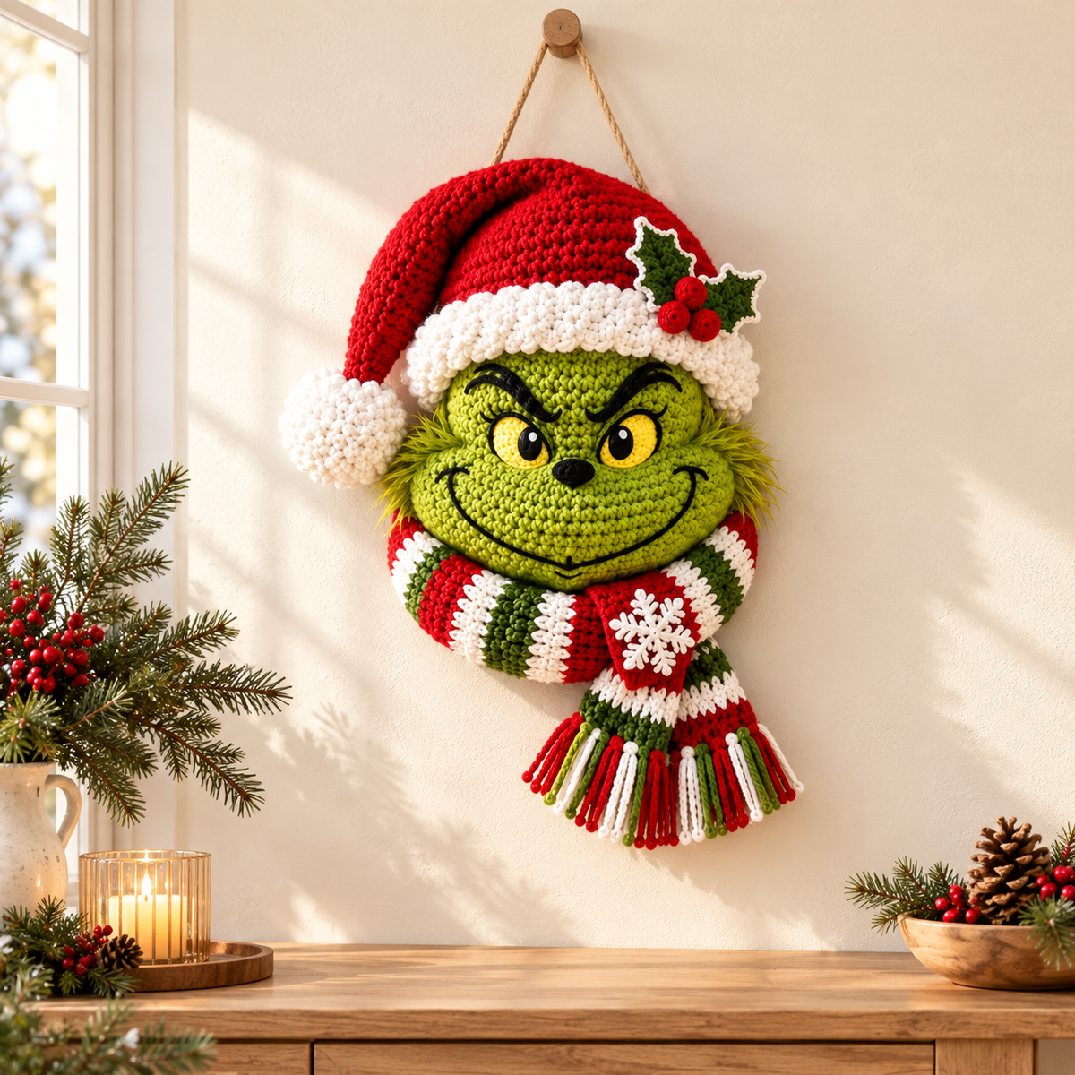 Christmas Grinch Door Hanger Crochet Pattern PDF – Holiday Wreath Decor