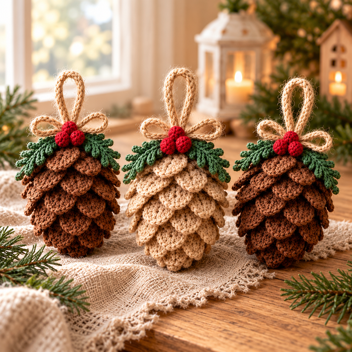 Christmas Pine Cone Crochet Pattern PDF, Rustic Tree Ornament & Holiday Decor