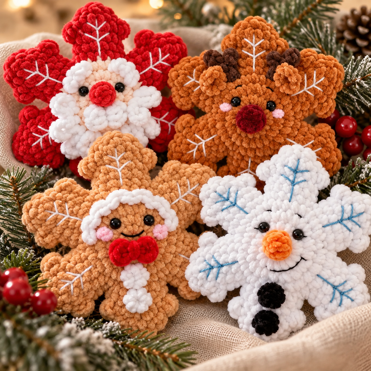 Christmas Snowflake Amigurumi Crochet Pattern, No Sew Santa Gingerbread Reindeer Snowman PDF