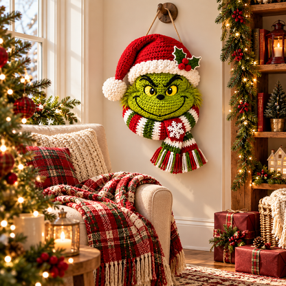 Christmas Grinch Door Hanger Crochet Pattern PDF – Holiday Wreath Decor