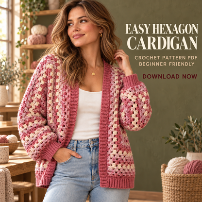 Granny Hexi Cardigan Crochet Pattern, Easy Oversized Hexagon Sweater PDF, XS–5XL