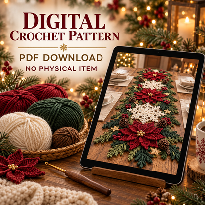 Christmas Crochet Table Runner Pattern PDF, Poinsettia Snowflake Holiday Centerpiece