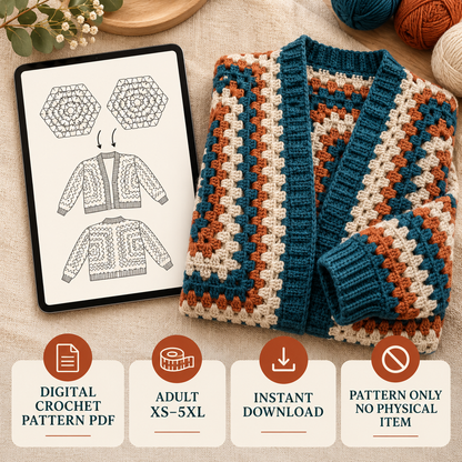 Hexagon Cardigan Crochet Pattern PDF – Modern Hexi Sweater XS–5XL