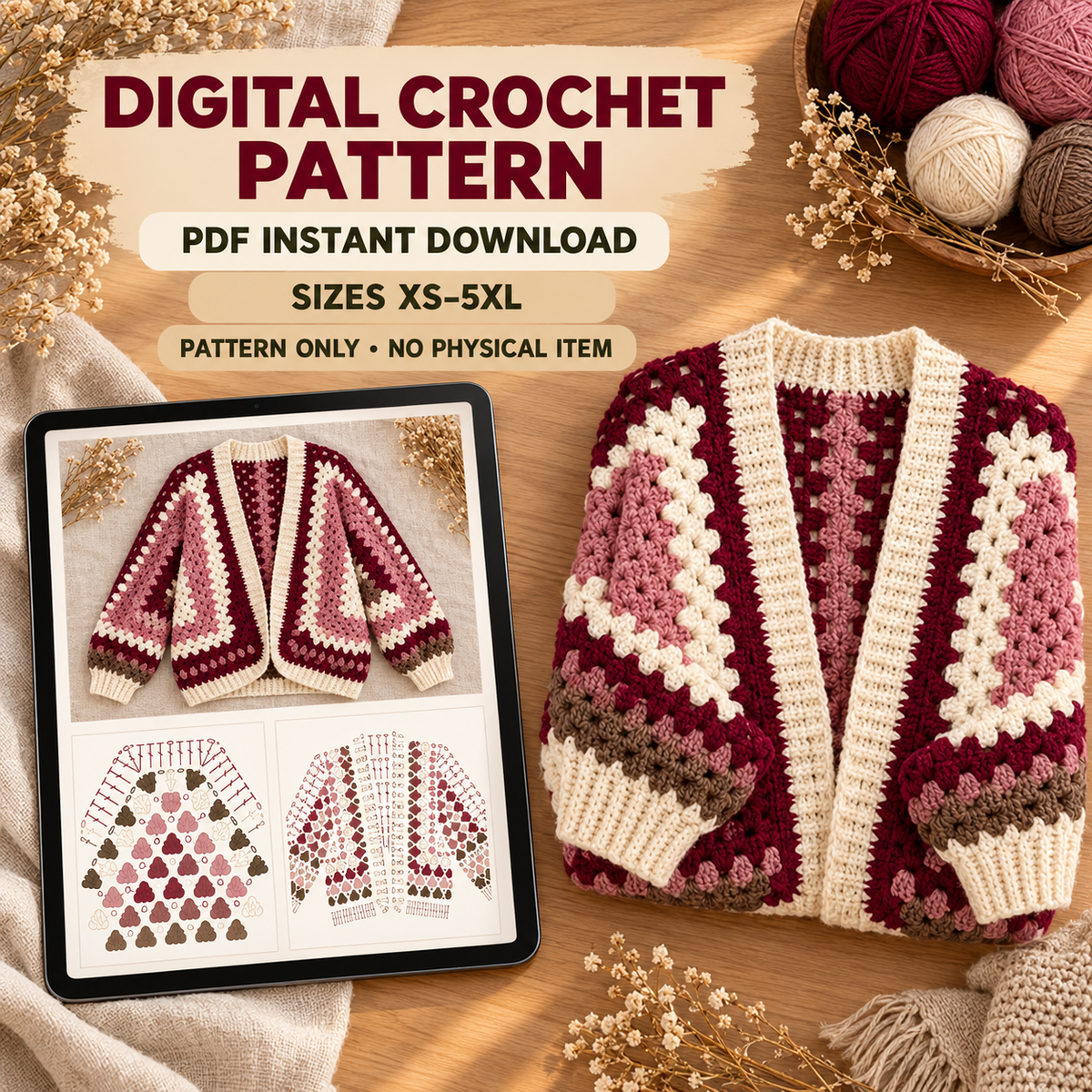 Granny Hexagon Crochet Cardigan Pattern – Oversized Colour Block Sweater PDF, XS–5XL