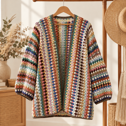 Granny Stitch Cardigan Crochet Pattern – Long Striped Sweater PDF, S–3XL