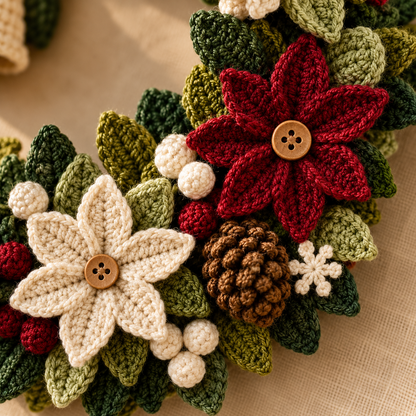 Christmas Door Wreath Crochet Pattern PDF, Poinsettia Pinecone & Snowflake Decor