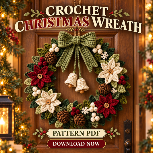 Christmas Door Wreath Crochet Pattern PDF, Poinsettia Pinecone & Snowflake Decor