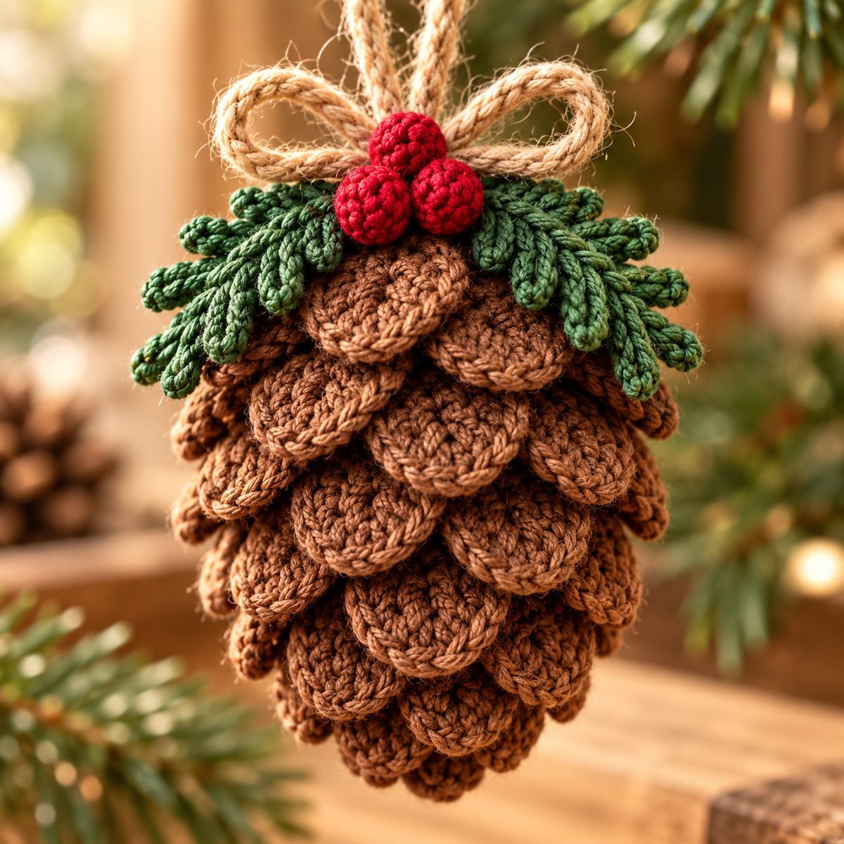 Christmas Pine Cone Crochet Pattern PDF, Rustic Tree Ornament & Holiday Decor