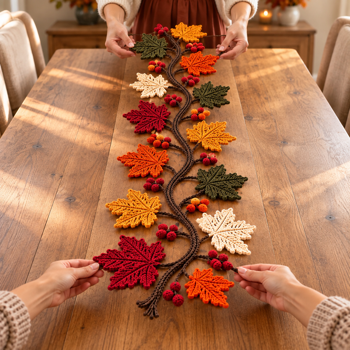 Maple Leaf Garland Crochet Pattern PDF, Fall Table Runner with Berries, Thanksgiving Decor