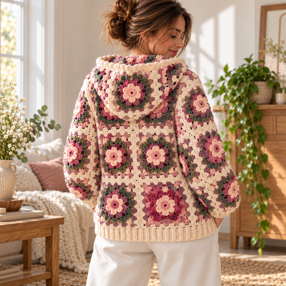 Crochet Flower Hoodie Pattern PDF, Granny Square Zip Up Jacket, Oversized Adult M/L