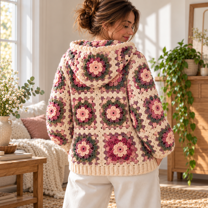 Crochet Flower Hoodie Pattern PDF, Granny Square Zip Up Jacket, Oversized Adult M/L