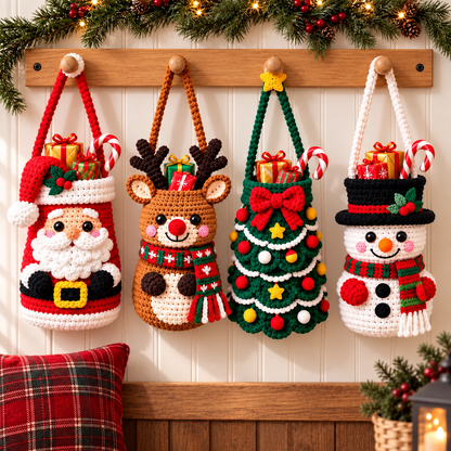 Christmas Gift Basket Crochet Pattern PDF | 4 Santa Reindeer Snowman Tree Bags